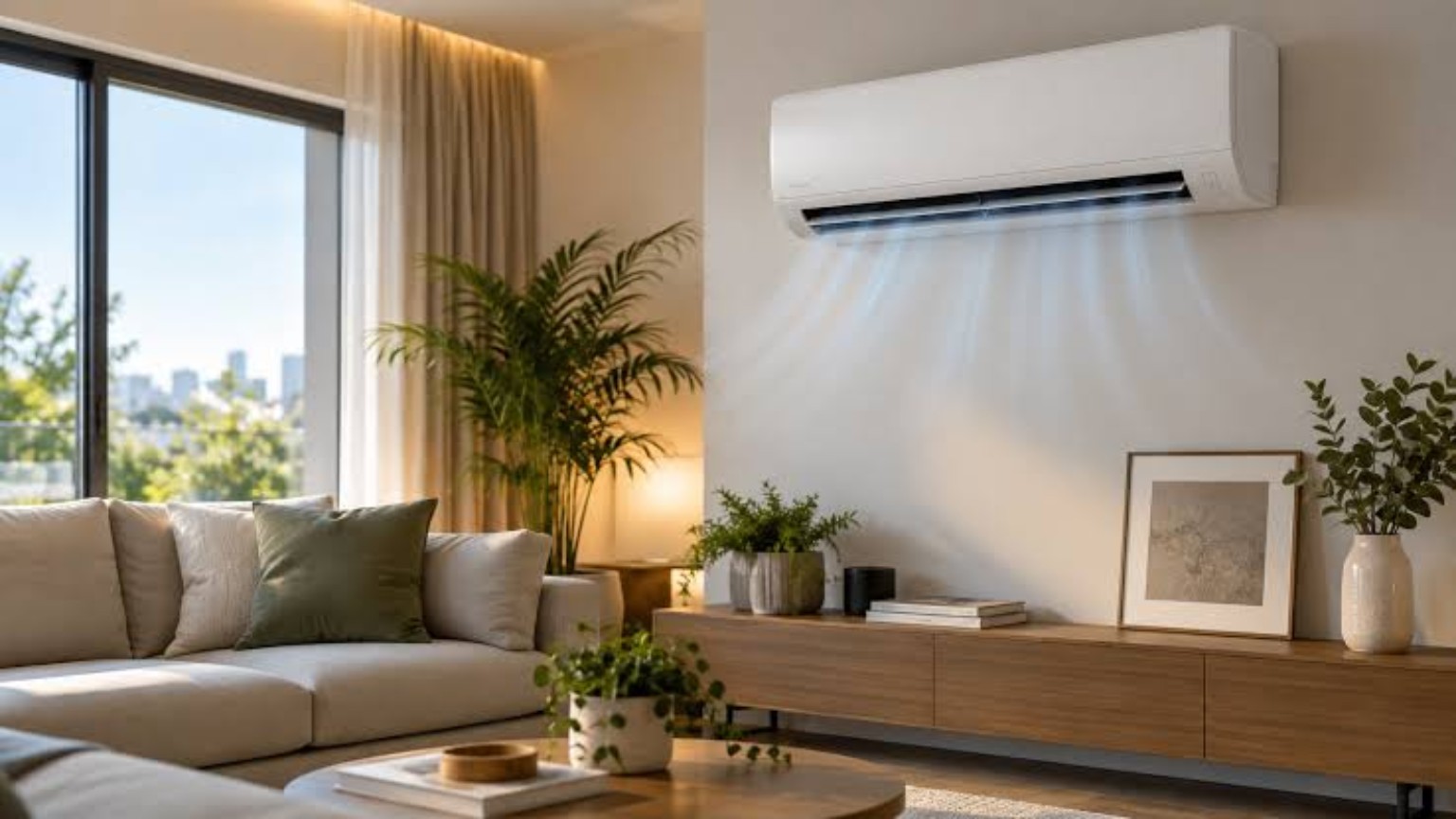 Salón con acabados contemporáneos y climatización integrada